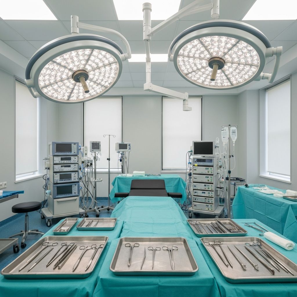 Modern operation theatre with surgical equipment and overhead lighting